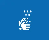 A blue background with a white hand washing sign.
